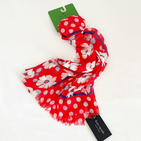 KATE SPADE Scarf Ponderosa Red Springtime Floral Oblong Lightweight - Picture 3 of 8
